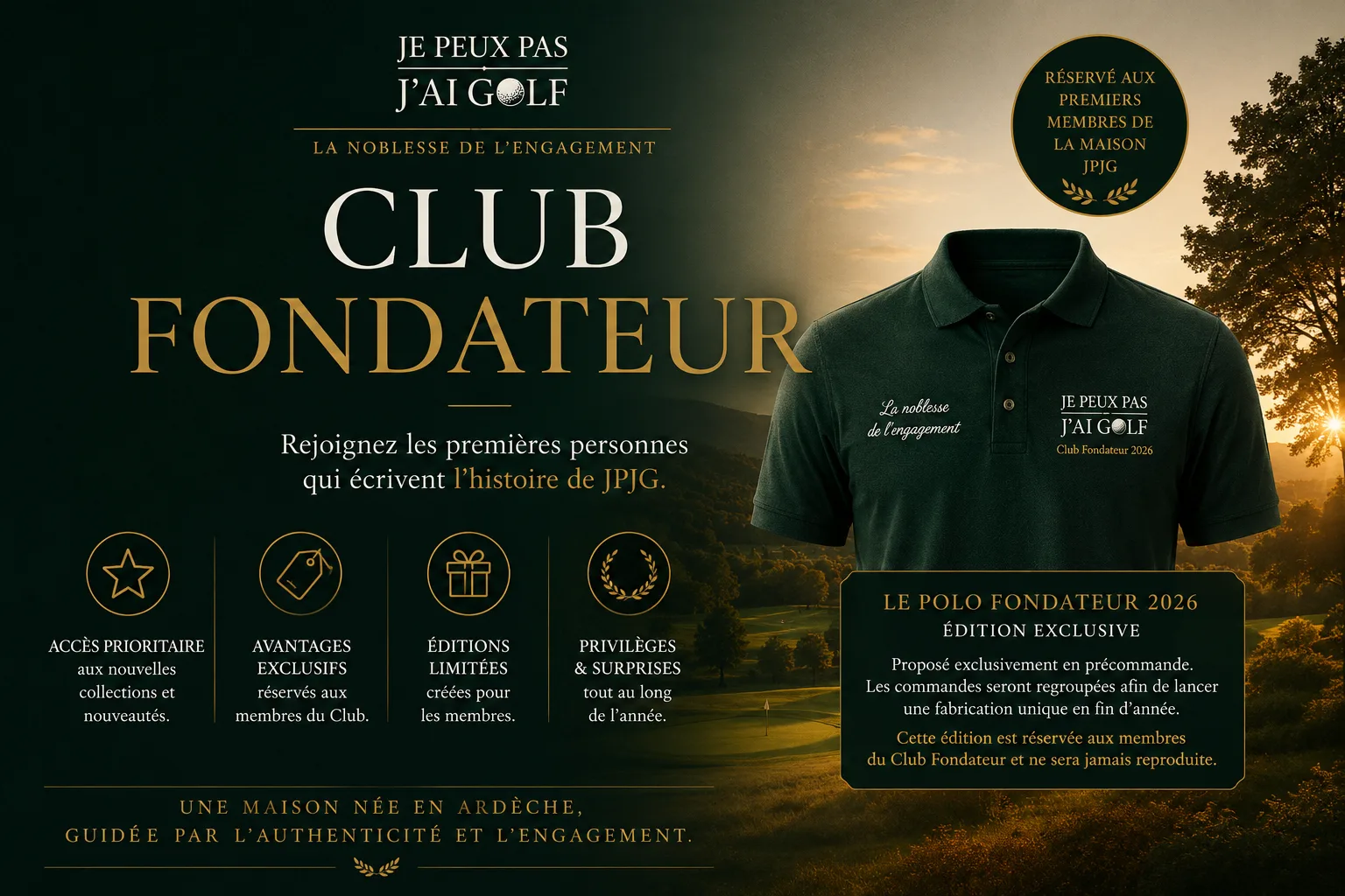 Flyer du Club Fondateur JPJG présentant les avantages réservés aux membres et le Polo Fondateur 2026