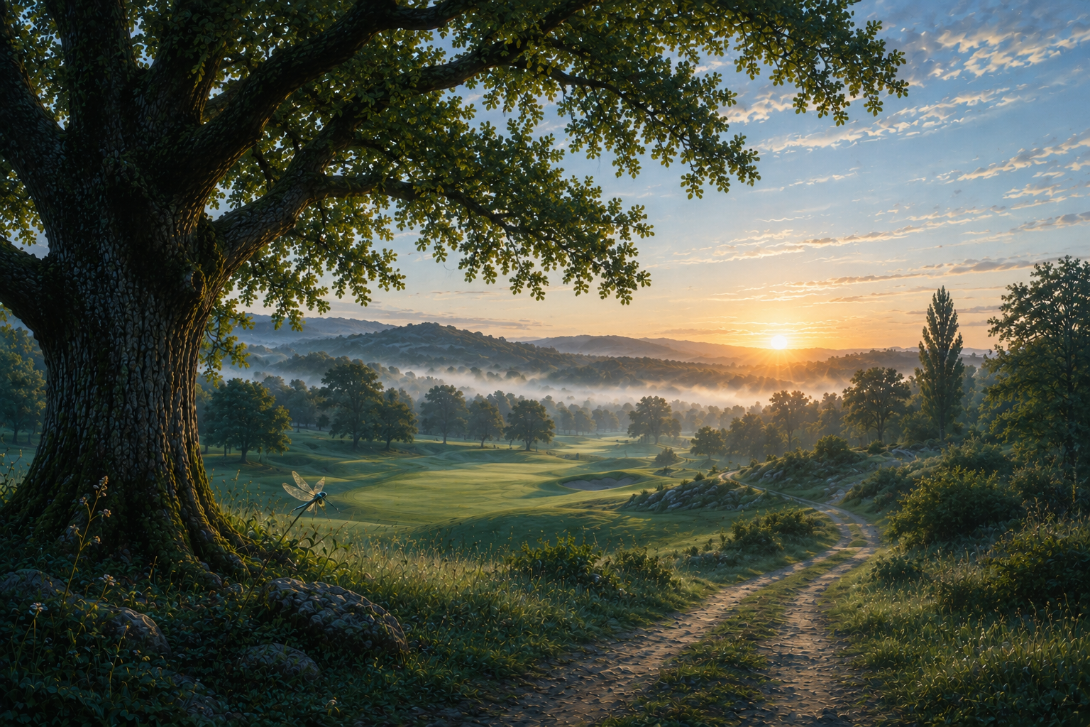 Illustration d'un parcours de golf en Ardèche au lever du soleil, sous un chêne, esprit Maison JPJG