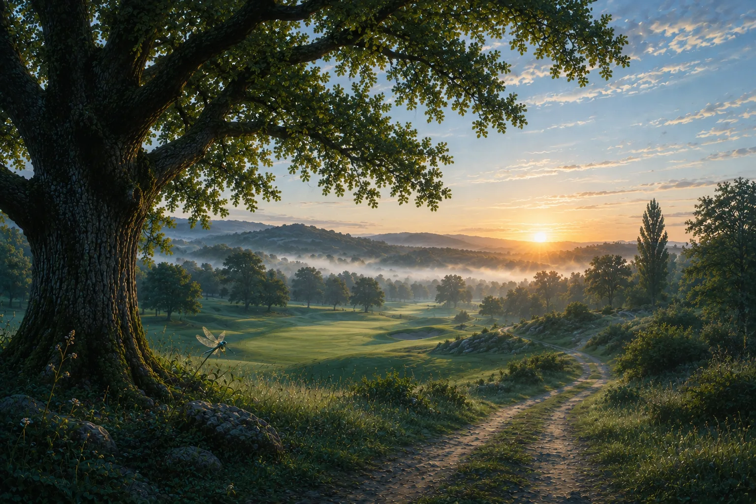 Illustration d'un parcours de golf en Ardèche au lever du soleil, sous un chêne, esprit Maison JPJG