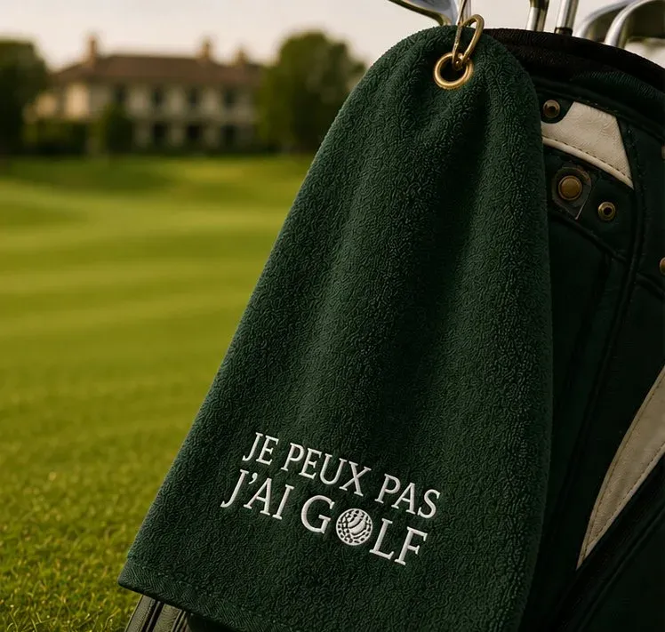 Serviette de golf brodée JPJG, blanc et vert forest, accessoire de parcours premium